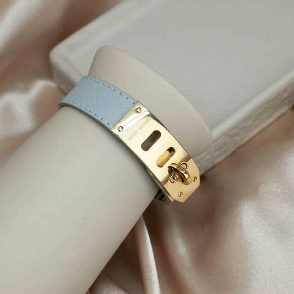 Henri Bendel Turn Lock Leather Bracelet Sage Green Gold Tone Size 7–8 - Picture 5 of 10